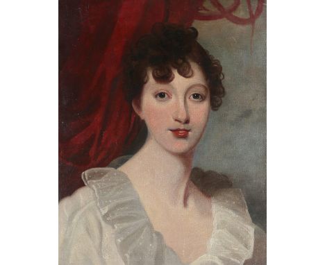 Manner of Sir Thomas Lawrence Portrait of a lady, bust-length, in a white dress Oil on canvas 50.3 x 40cm; 19¾ x 15¾in Unfram