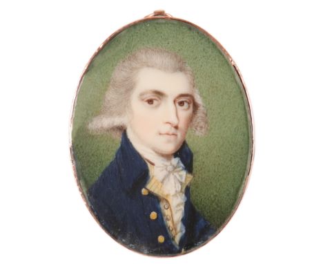 λEnglish School Late 18th Century Portrait miniature of a gentleman wearing a blue coat and yellow waistcoat Oval, in a gilt 