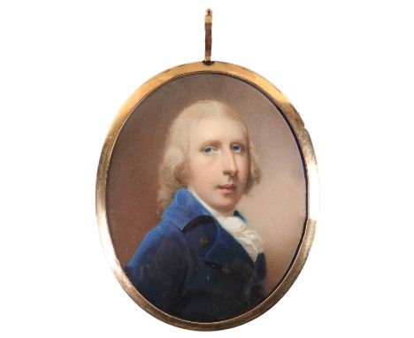 λAttributed to Abraham Daniel (c.1750-1806) Portrait miniature of a gentleman wearing a blue double-breasted coat and white s