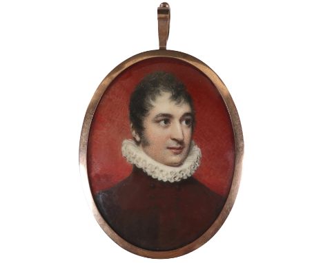 λAttributed to William Wood (1769-1810) Portrait miniature of a gentleman wearing a maroon doublet and white ruff Oval, in a 