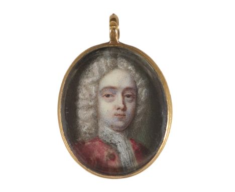 English School Early 18th Century Portrait miniature of a gentleman wearing a red coat and powdered long wig On vellum, oval,