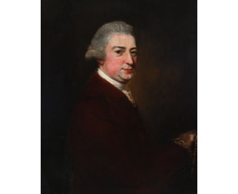 Circle of Sir Joshua Reynolds Portrait of a gentleman, half-length, wearing a red coat and holding a book Oil on canvas 75.1 