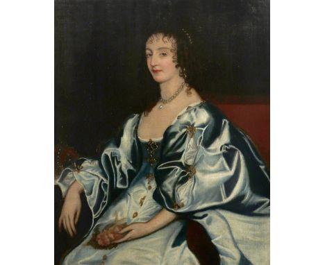 After Sir Anthony van Dyck Portrait of Queen Henrietta Maria (1609-1669), in a blue dress and holding roses Oil on canvas 97 