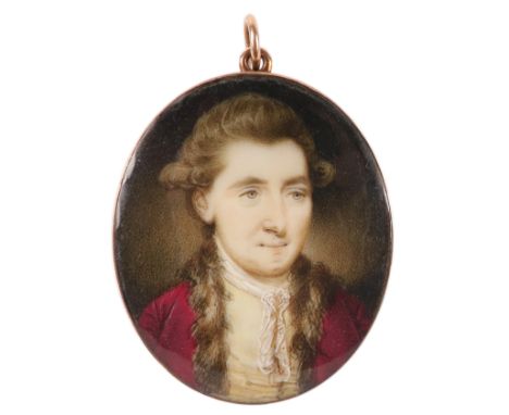 λOzias Humphry RA (1742-1810)Portrait miniature of a gentleman wearing a fur-lined crimson coat and yellow waistcoat Oval, in