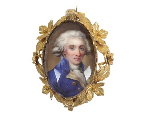 William Hopkins Craft (1730-1811) Portrait miniature of a gentleman wearing a blue coat and striped yellow waistcoat Enamel o