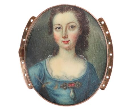 λEnglish School Late 18th Century Portrait miniature of a young woman wearing a blue dress Oval, in a gilt metal frame 37 x 3