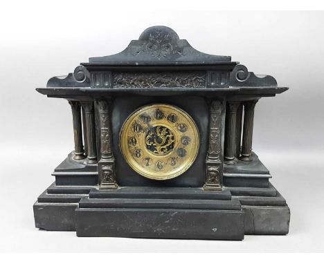 LATE 19TH CENTURY FRENCH BLACK SLATE MANTEL CLOCK,of artitectural form, the 8 day movement striking on a coil 46.5cm wideSeve