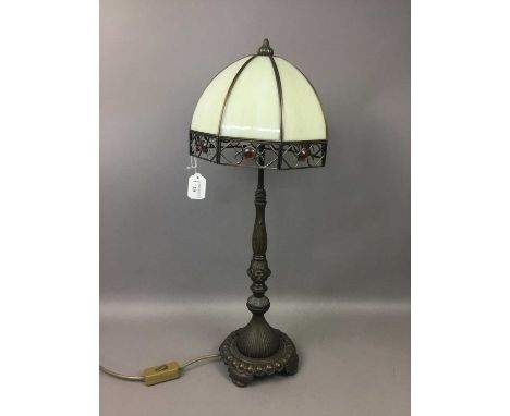 DECORATIVE TABLE LAMP,the domed shade set with amber glass cabochons, on bronzed metal base, 61cm high.The lamp itself has no