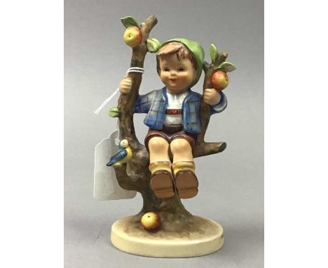 HUMMEL FIGURE OF A BOY,15cm high, along with two ceramic trinket boxes, a miniature figure, pin cushion with plated mount and