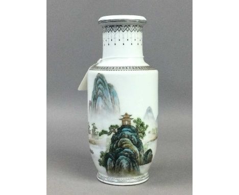 20TH CENTURY CHINESE REPUBLIC STYLE VASE,painted with mountaineous landscape scenery by a lake, red seal mark to base, 20.5cm