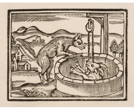 Aesop's Fables. The Fox and the Goat, late 18th-century, original woodcut printing block carved on boxwood, showing a wolf le