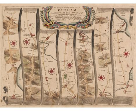 Ogilby (John). The Road from Whitby in com Ebor. to Durham..., [1675 or later], hand-coloured engraved strip road map, some w