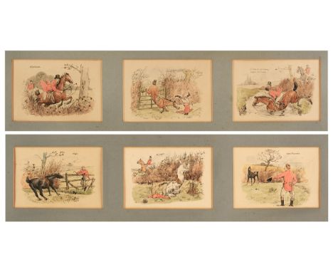 * Brock (Charles Edmund, 1870-1938). Six humorous watercolour hunting scenes, circa 1889, each signed within the image, two d