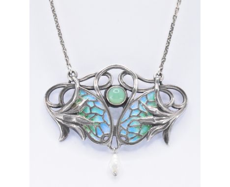 An&nbsp; Art Nouveau&nbsp;Jugendstil style silver and enamelled pendant necklace. The knot design pendant being set with a ch
