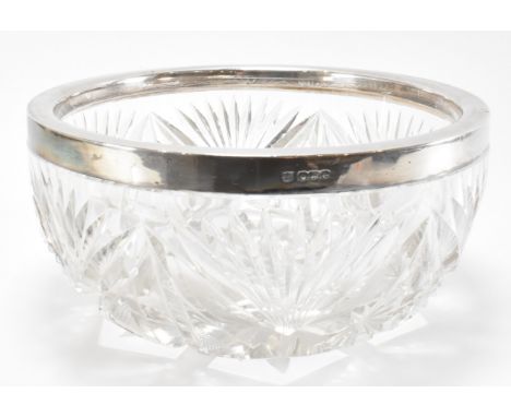 A hallmarked silver 1920s Art Deco era Fenton Brothers cut glass candy bowl with silver collar. Hallmarked for Sheffield. Dat