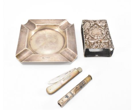 A collection of antique hallmarked silver and white metal items. A silver ashtray hallmarked Chester 1920, sponsor C.C for Co