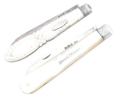Two 19th Century Victorian silver bladed fruit knives both having mother of pearl handles with silver blades. One having a ca