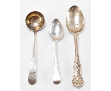 An assortment of three silver hallmarked George III and later teaspoons. To include a teaspoon with foliate berry detailing t