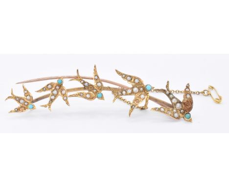 A 19th Century Victorian gold, turquoise and seed pearl bar brooch. The brooch having five applied swallows set with turquois