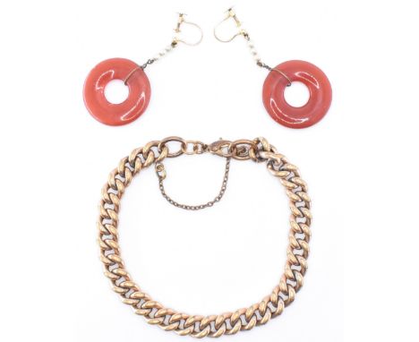 A pair of 9ct gold red glass and pearl drop earrings together with a gold plated curb link bracelet. The earrings having red 