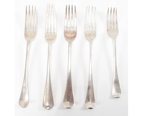 An assortment of hallmarked silver dinner and dessert forks ranging from George III era to the Edwardian era. The collection 