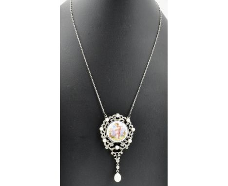 An 18ct gold pearl, enamel and diamond pendant necklace. The necklace strung with an open work pendant having a central hand 