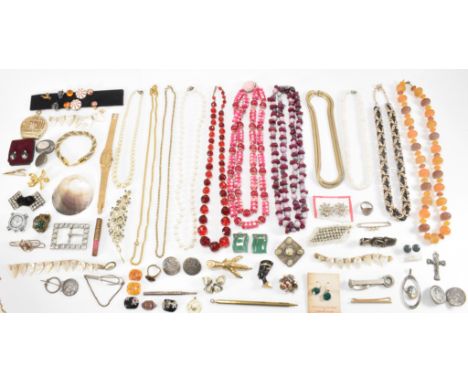 A collection of vintage costume jewellery to include a selection of beaded necklaces, mid Century brooches including Capri, a