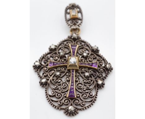 A 19th century French / Belgian silver gold and diamond amethyst pendant. The pendant&nbsp; strung with an amethyst set cruci