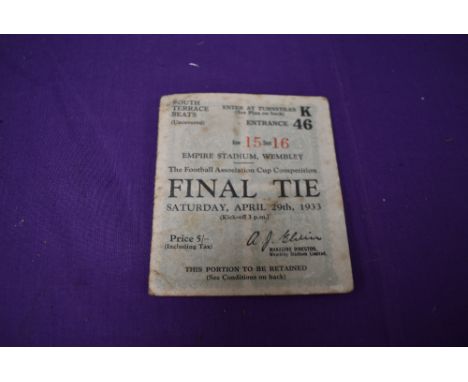 A 1933 F A Cup Final Ticket, Saturday, April 29th, South Terrace Seats K46, Row 15 Seat 16, Empire Stadium Wembley