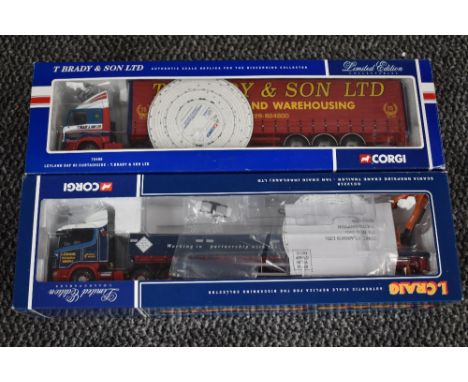 Two Corgi limited edition 1:50 scale diecasts, Leyland Daf 85 Curtainside, T Brady &amp; Son Ltd 75408 and Scania Dropside Cr