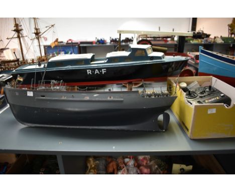 A wooden radio controlled scale model of a Vosper RAF Crash Tender length 90cm on wooden stand along with a similar scale mod