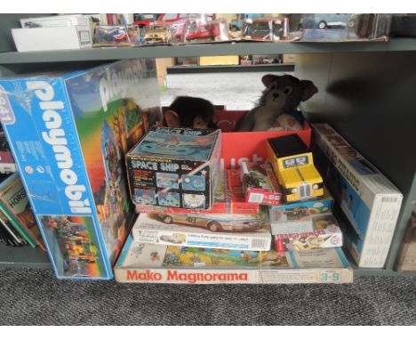 A shelf of mixed vintage Toys and Games including Playmobil Magic Dragon's Temple in original box 3841, Mako Magnorama, Rally