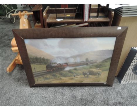 A framed print, LMS The Royal Scot 6100 with eleven carriages, in action passing through the countryside, size including mode