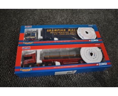 Two Corgi limited edition 1:50 scale diecasts, Daf XF Curtainside, Grampian Maclennans CC13233 and Scania R Series Flatbed, P