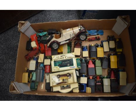 A box of playworn diecasts including early Dinky Royal Mail Van and Riley 40A, modern Matchbox and Lledo Models of Yesteryear