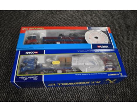 Two Corgi limited edition 1:50 scale diecasts, Renault Flatbed Crane Trailer, RT Keedwell Ltd CC12109 and Scania Dropside Cra