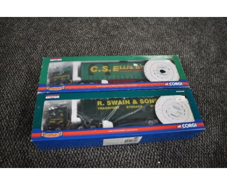 Two Corgi limited edition 1:50 scale diecasts, Scania R Series High Roof, C S Ellis CC13703 missing mirrors and Daf CF Curtai