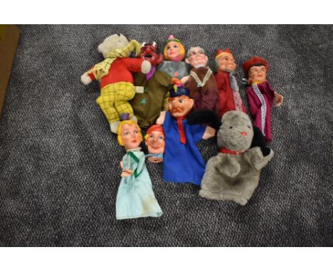 Eight vintage Glove Puppets having rubber heads including Devil, Cardinal, King &amp; Queen etc along with a Sweep hand Puppe