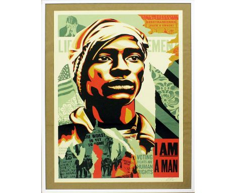  Fairey, Shepard "Obey" (geb. 1970 Charleston)  "HUMAN RIGHTS I AM A MAN", so im Druck betitelt. Siebdruck/Papier, re. u. mi