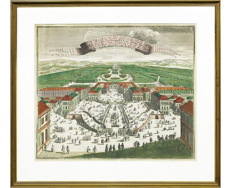   Seutter, Mathias (1678 Augsburg 1757)  Vogelperspektive von "VERSAILLES...", so in Banner betitelt. Handkolorierter Kupfers