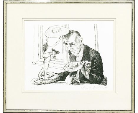   Grützke, Johannes (1937 Berlin 2017)  "DAHEIM". Lithographie, re. u. mit Bleistift sign. und dat. (19)90 und li. u. Ex. 7-7