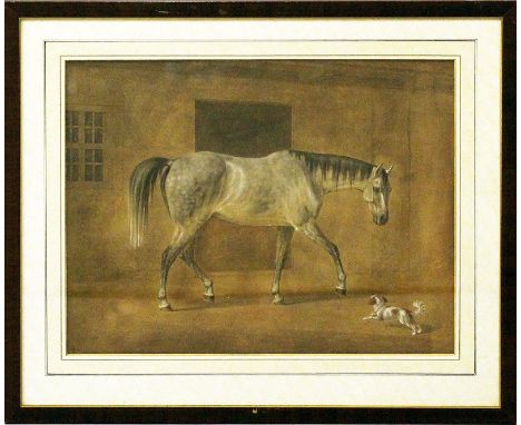   Monogrammist H.L. (19. Jh.)  Pferd und Hund vor Stall. Mischtechnik auf braunem Papier, li. u. monog. 34,5x 42 cm. PP., R.,