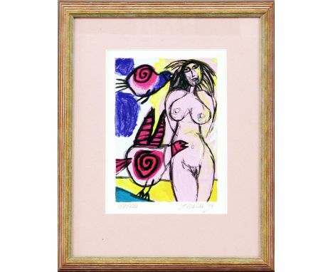   Corneille, eigentlich Guillaume Cornelis van Beverloo (1921 Lüttich - Auvers-Sur-Oise 2010)  Frauenakt mit zwei Vögeln. Far