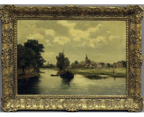   Roussot, H. (2. Hälfte 19. Jh.)  "Bei Brandenburg an H.", so rückseitig auf Keilrahmen bez. und sign. Öl/Lwd., re. u. sign.