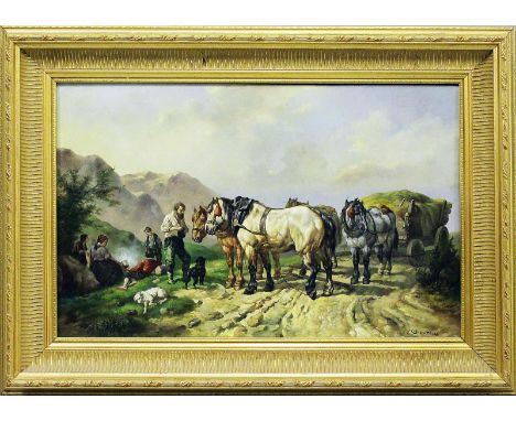   Bouter, Cornelius Wouter (1888 Gouda-Amsterdam 1966)  Bauern mit Pferden und Heuwagen auf einem Wanderweg. Öl/Holz, re. u. 