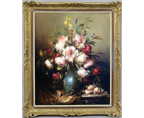   Ungarischer Maler (20. Jh.)  Blumenstillleben mit Früchten und Tisch. Öl/Lwd., re. u. unleserlich sign. 85x 70 cm, R., 105x