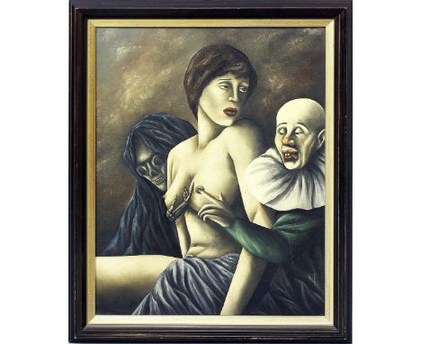   Koch, Wolfgang (1933 Berlin 2007)  "Mädchen, Narr und Tod", so verso auf Etikett betitelt. Öl/Lwd. (l. Altersspuren, partie