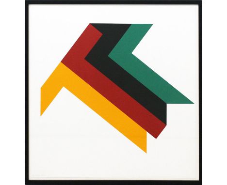   Scheffler, Horst (geb. 1935 in Heinrichswalde)  Konkrete Komposition in Schwarz-Rot-Gold und Grün. Farbserigraphie, li. u. 