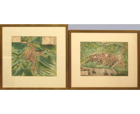   Braun &amp; Hogenberg (um 1593)  Zwei handkolorierte Kupferstiche: Vogelperspektiven von Perugia und Rimini, aus "Civitates