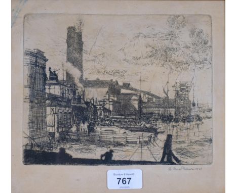 Alexander MacPherson (1904 - 1970), Docklands Scene, possibly Greenwich Power Station, etching, signed in pencil, 1927, plate